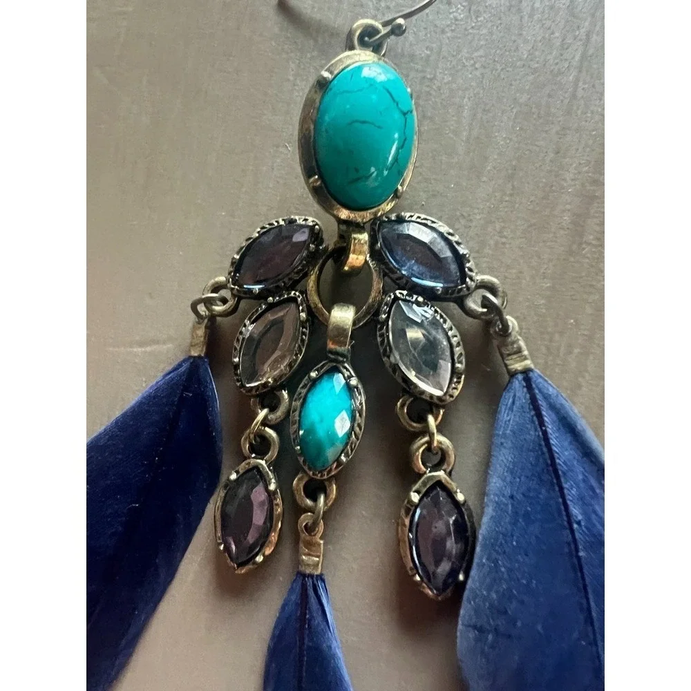 Boho Western Feather Earrings Turquoise Look Stone Chandelier Dangle‎ Cowgirl